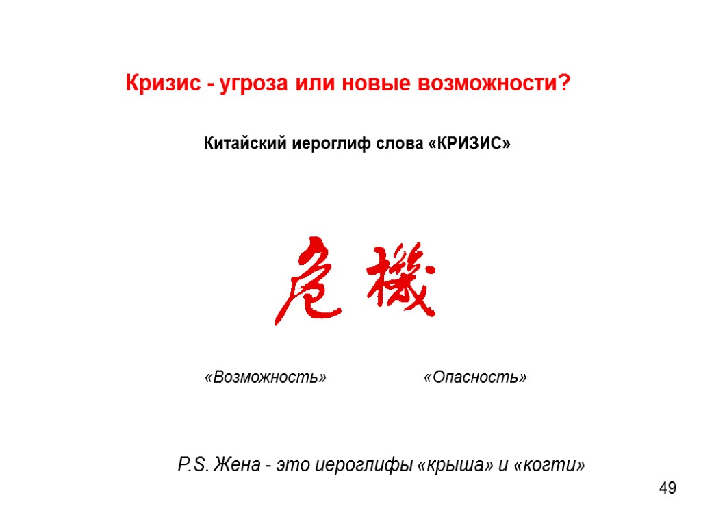 Кризис - угроза или новые возможности? 49 «Опасность» «Возможность» Китайский иероглиф слова «КРИЗИС» P.S.